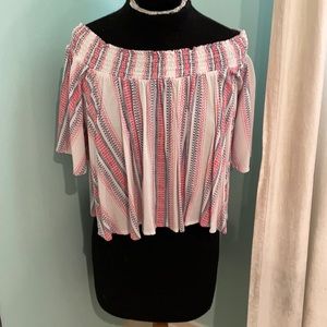 Off the shoulder flowy red white and blue top